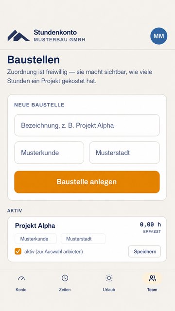 Stundenkonto Baustellen: aktive Projekte mit erfassten Stunden je Baustelle.