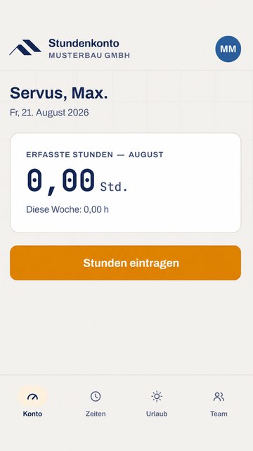 Stundenkonto-App: Startbildschirm mit erfassten Stunden.