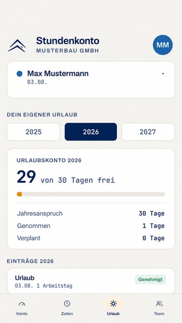 Stundenkonto Urlaubskonto: verbleibende Urlaubstage, Jahresanspruch und genehmigte Anträge.