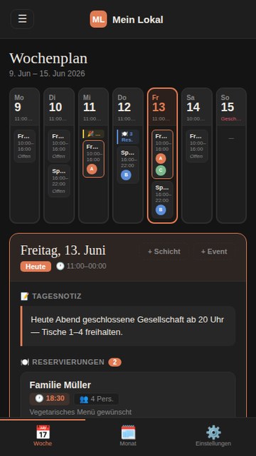 Schichtplan-App: Wochenplan mit Schichten je Tag und dem ausgewählten Freitag im Detail.