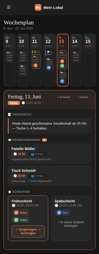 Schichtplan Wochenplan: Wochenübersicht mit Schichten je Tag, darunter der ausgewählte Freitag mit Tagesnotiz, zwei Reservierungen sowie Früh- und Spätschicht mit eingetragenem Team.